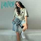 Lunivop Women’s Irregular Design Broken Hole Denim Shorts Chic Fashion Street Loose Wide Leg Knee
